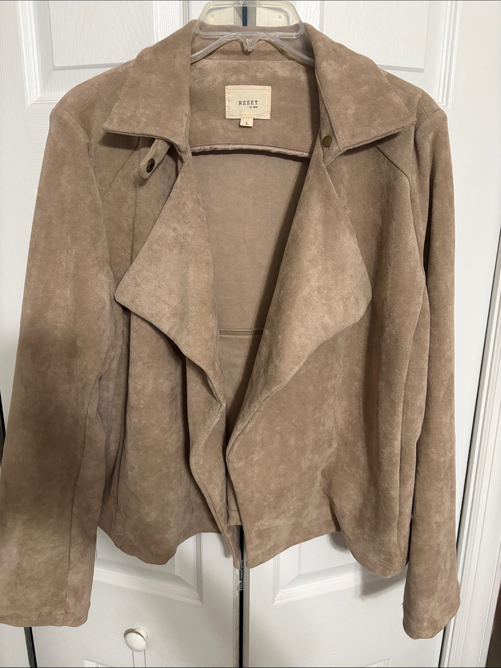 Reset Faux Suede Taupe Draped Open-Front Jacket